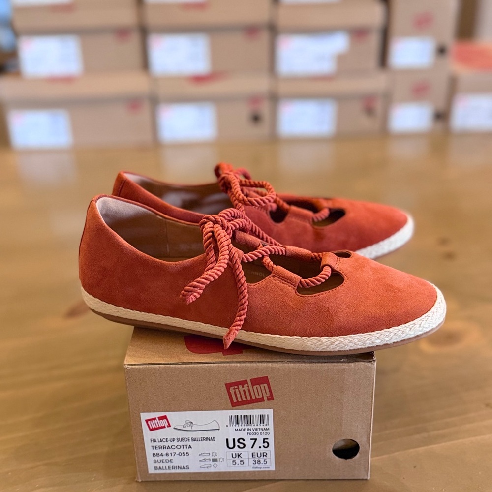 Fitflop Fia Terracotta Suede Espadrille Lace-Up Ballerina Flats Size 7.5 Fits 8